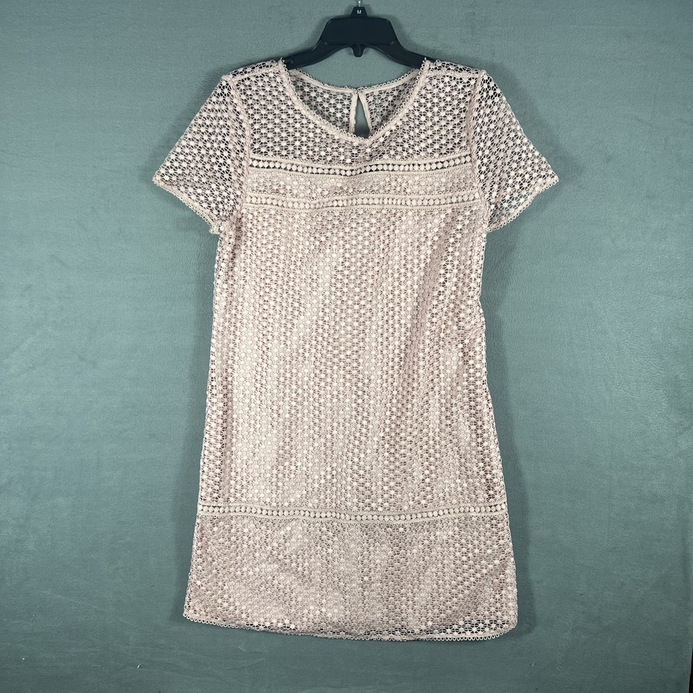 Ann Taylor Women's Size 10 Pink Lace Shift Dress Short Sleeve Lined Keyhole Back